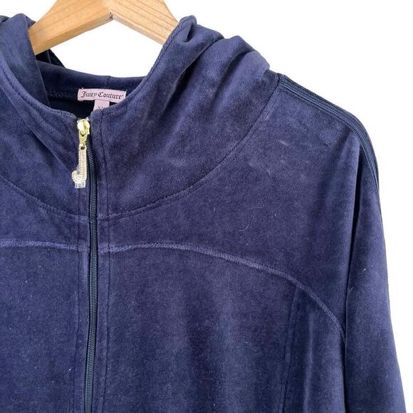 Juicy Couture Y2K Velvet Hoodie Track Jacket Bling Zipper Pull Tab Navy Blue, XL - Picture 4 of 11